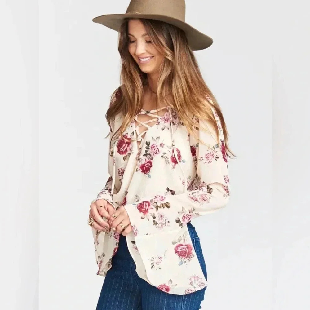 Show Me Your MuMu (Anthropologie) Womens Zuko Floral Lace-Up Top, Size Med